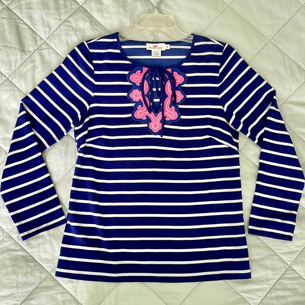 Vineyard Vines Bracelet Sleeve Keyhole/Tie Neckline EUC Navy White Pink